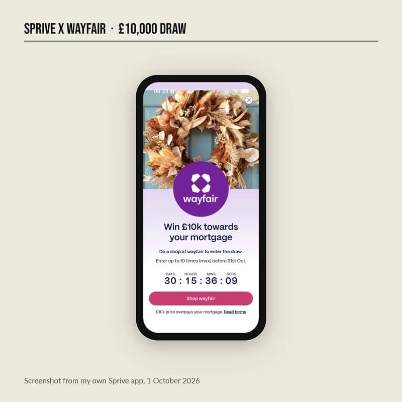 Sprive app screen for the Wayfair prize draw, showing Win £10k towards your mortgage and a countdown to 31 October