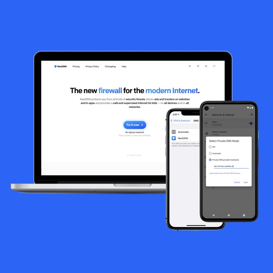 nextDNS ad blocking DNS service phone and laptop mockup