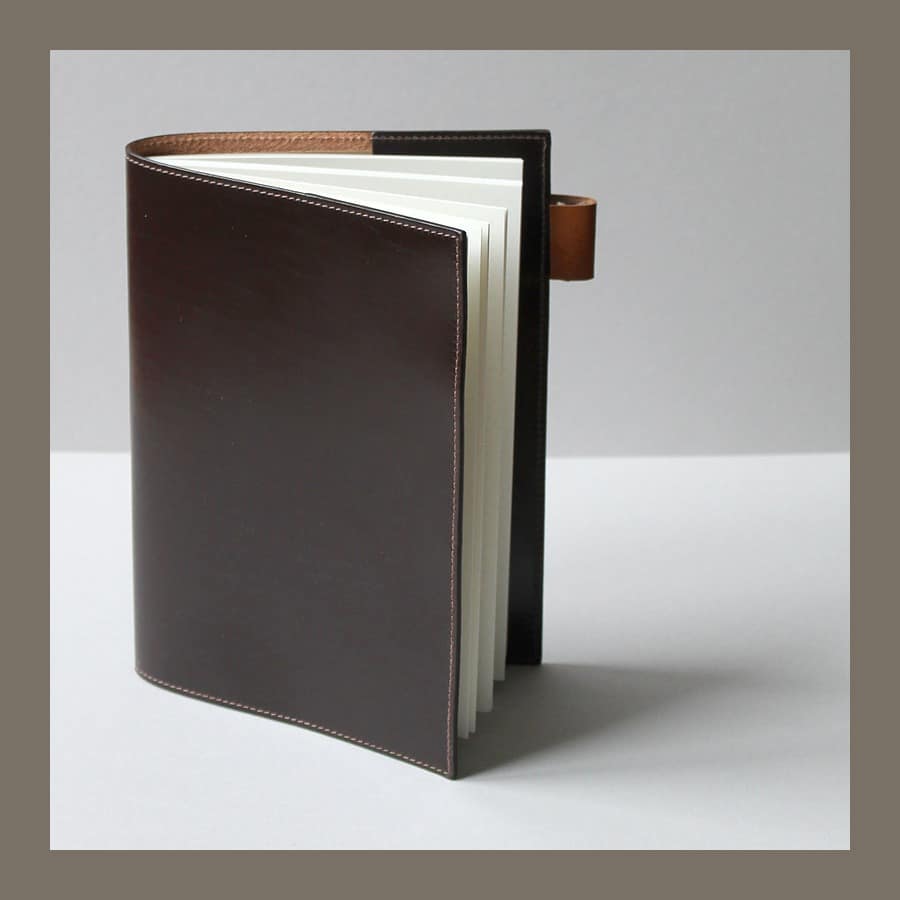 Havana brown Doe for Mark+Fold leather notebook cover with an orange pen loop