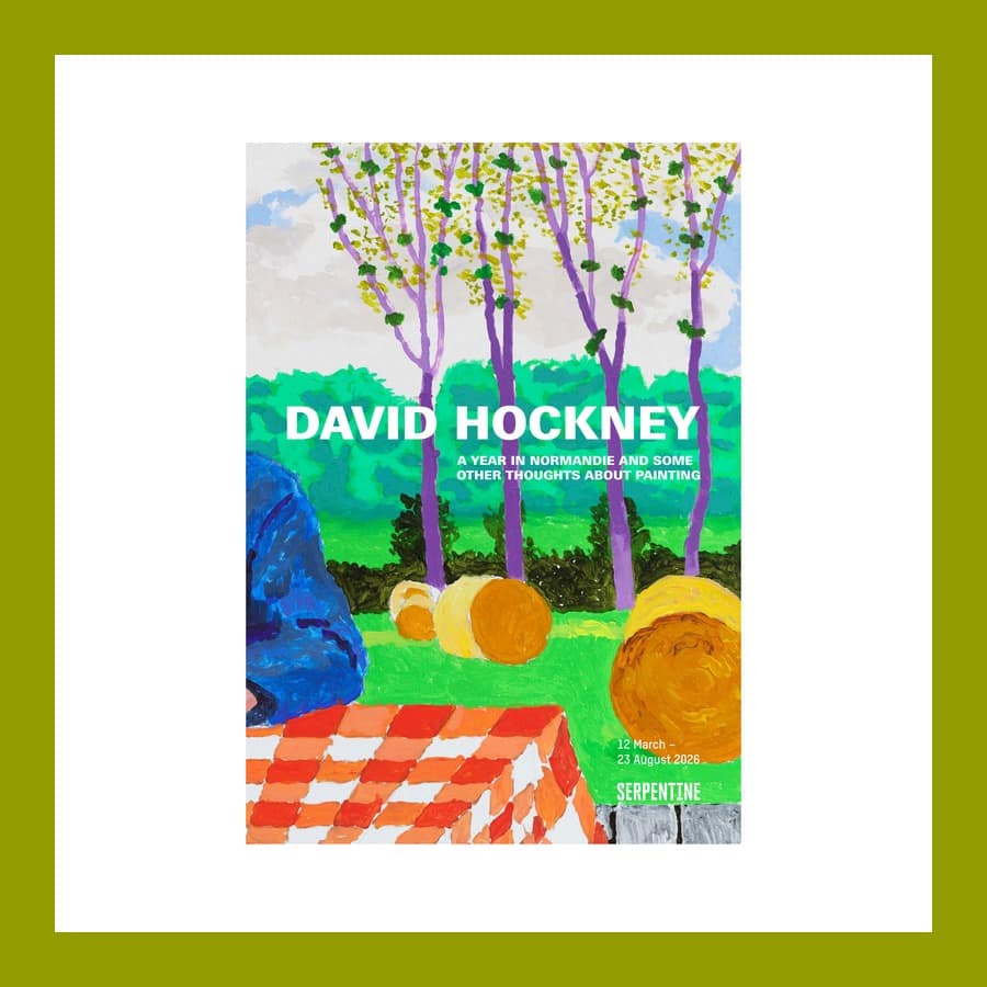 David Hockney exhibition poster for A Year in Normandie at the Serpentine, with trees, hay bales and a checked tablecloth