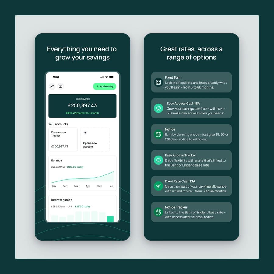 Two OakNorth app screens showing a savings balance and its range of accounts on a dark green ground
