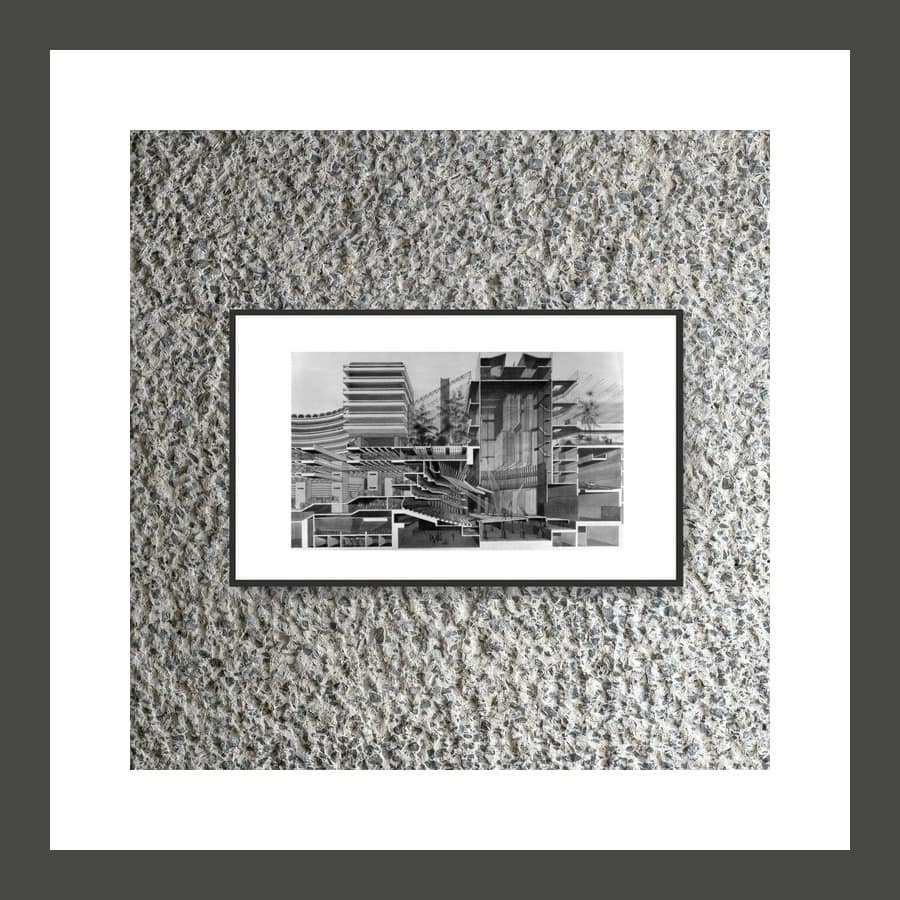 Barbican Cross Section A3 print in a black frame, a black and white cut-through drawing of the Barbican buildings