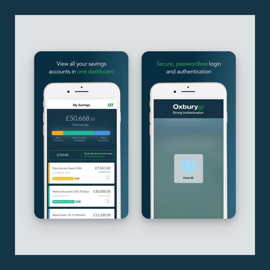 Two Oxbury app screens showing a savings dashboard and login on a dark teal ground