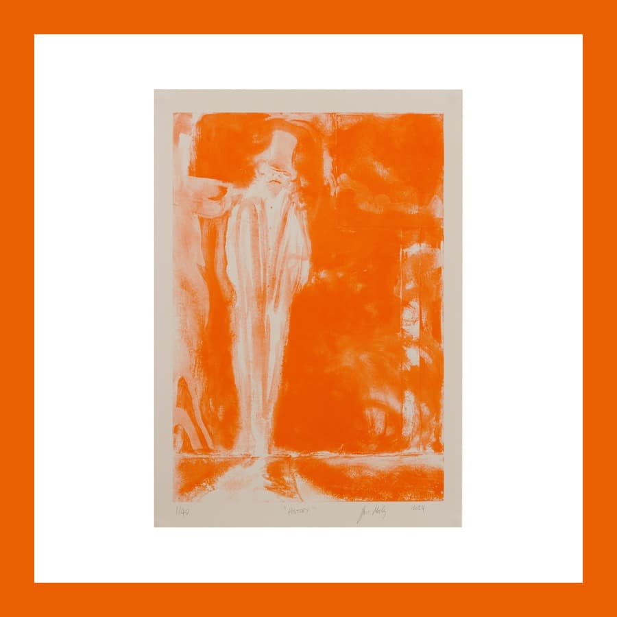 Ryan Mosley History screenprint in bright orange, a loose standing figure on cream paper