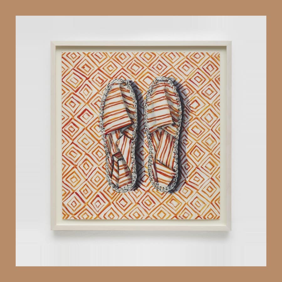Lisa Milroy Espadrilles print, a pair of striped espadrilles on an orange diamond-patterned ground, framed