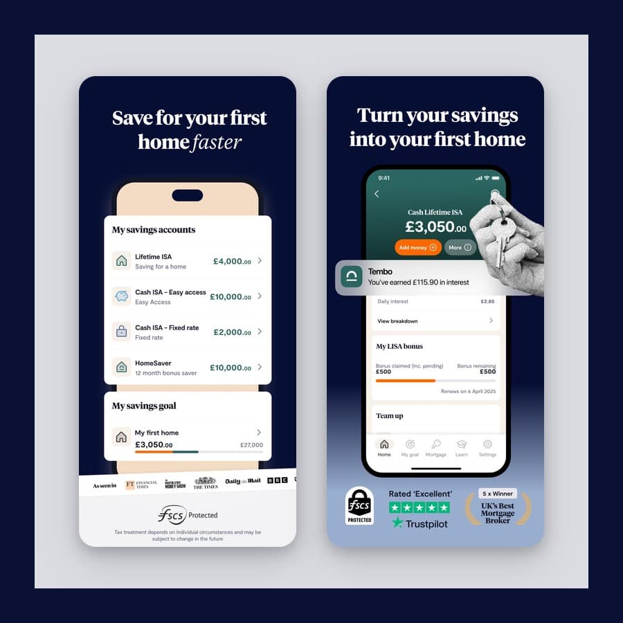 Two Tembo app screens showing savings accounts and a home savings goal on a navy ground