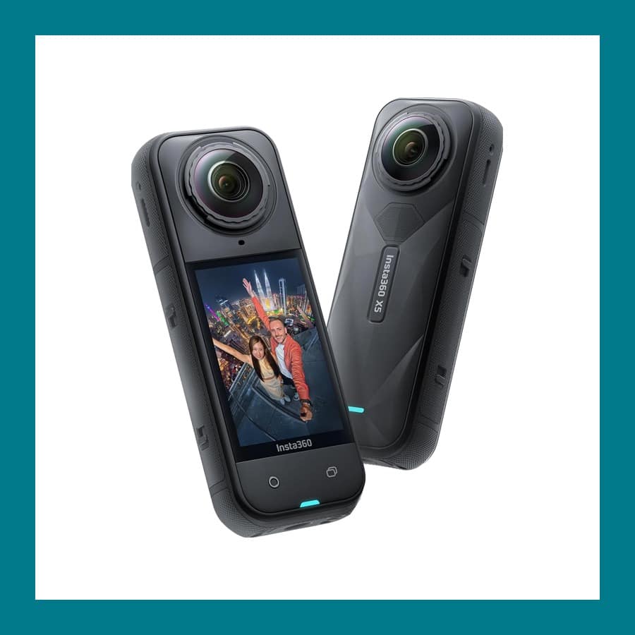 Insta360 X5 360 camera shown from the front and the back