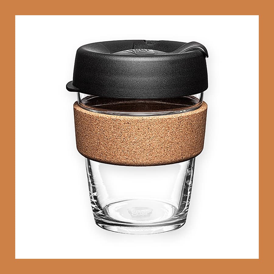 KeepCup Brew Cork 12oz reusable cup in tempered glass with a natural cork band and a black lid