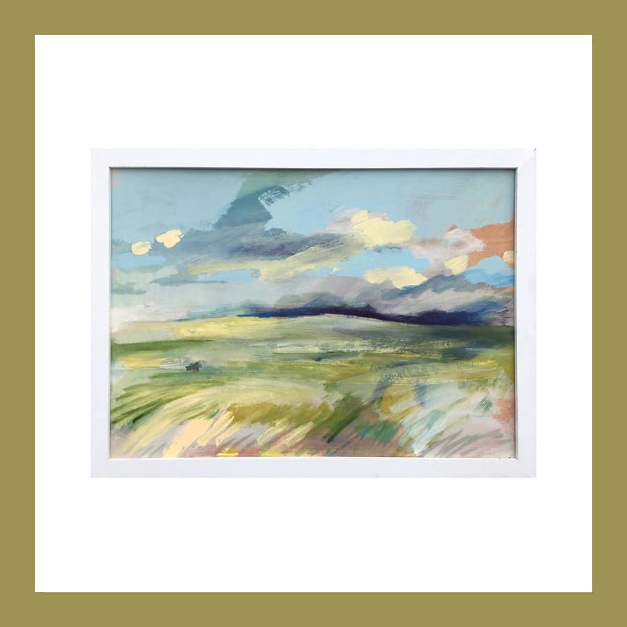 Guy Pickford Restorative Energy, an oil painting of a wide green landscape under a blue and white sky, in a white frame
