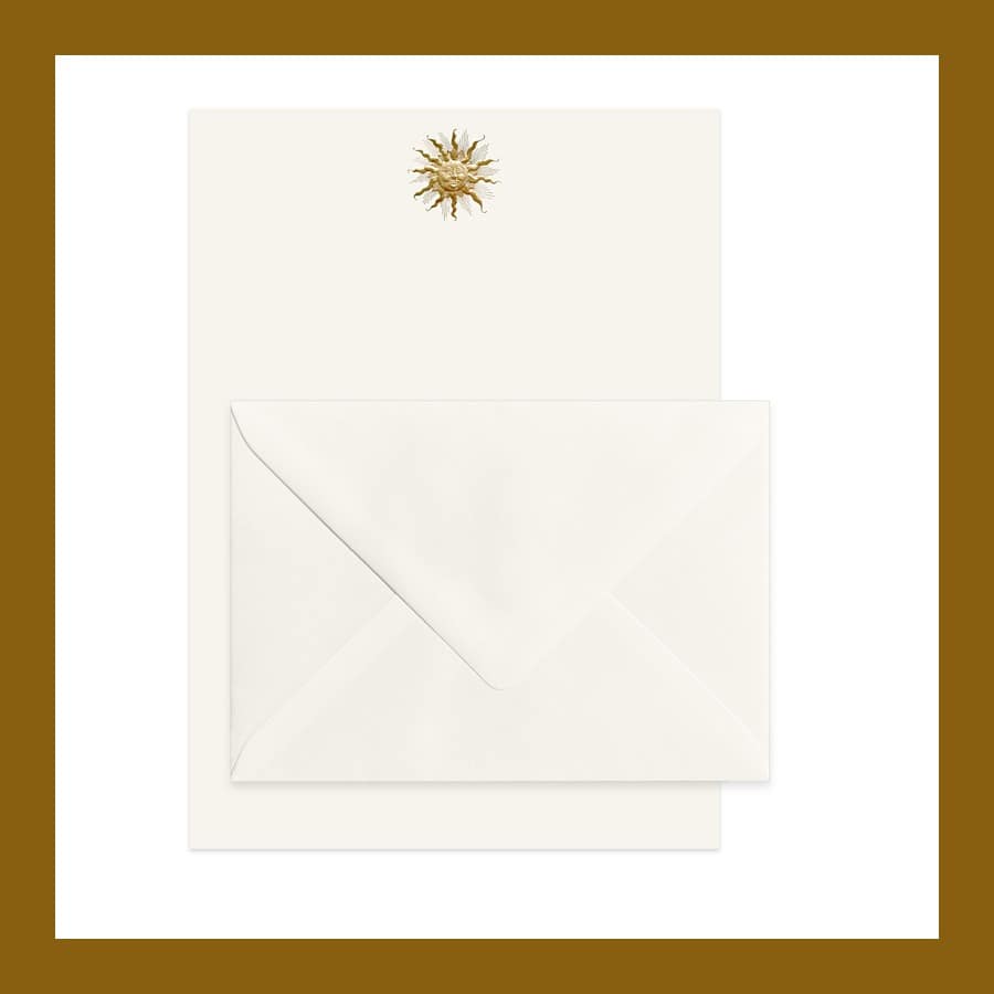 Bohemia Paper correspondence sheet with an engraved gold sun and an envelope