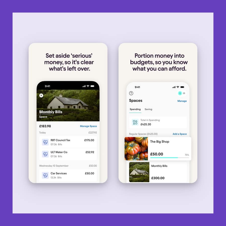 Two Starling app screens showing Spaces for bills and budgets on a purple ground