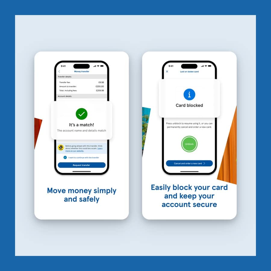 Two Tesco Bank app screens showing a money transfer and a blocked card on a blue ground