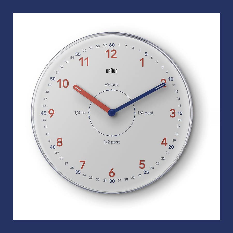 Braun BC26 time teacher wall clock in white with red and blue hands and minute labels
