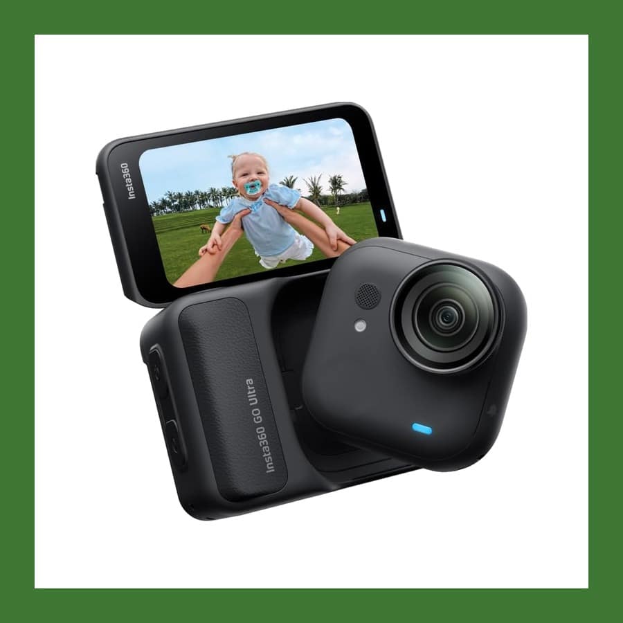 Insta360 GO Ultra thumb-sized camera docked in its flip-screen Action Pod