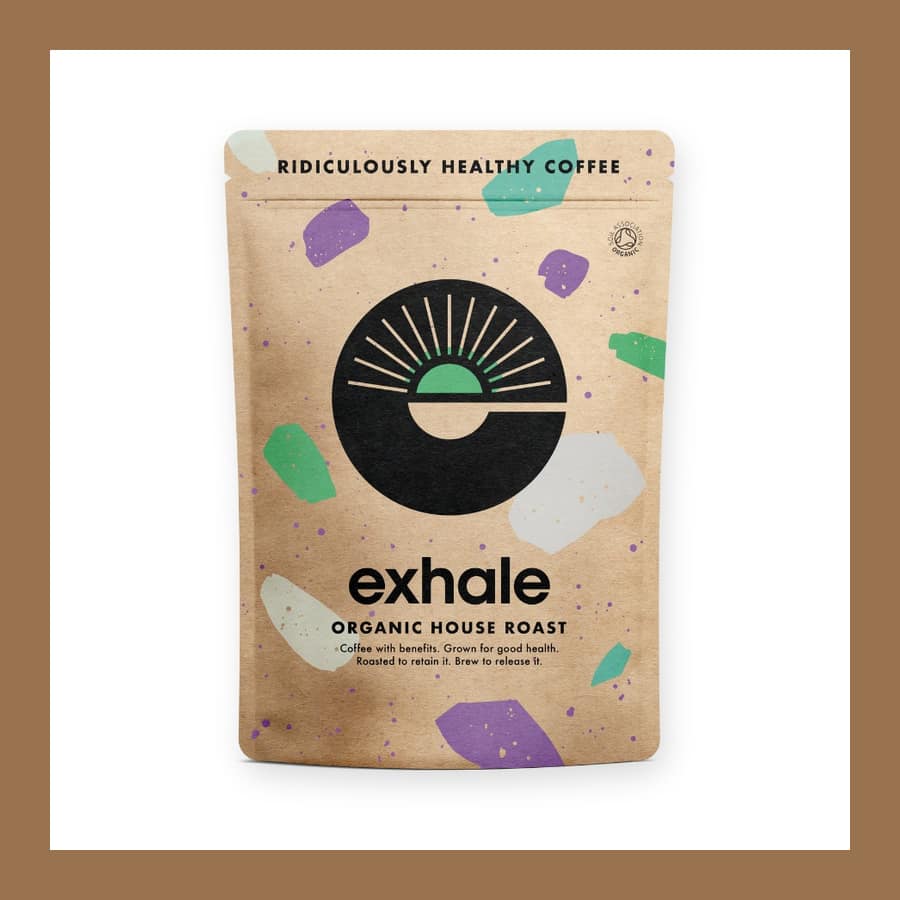 Exhale Organic House Roast coffee bag, 450g, in kraft paper with the green and purple sunrise logo