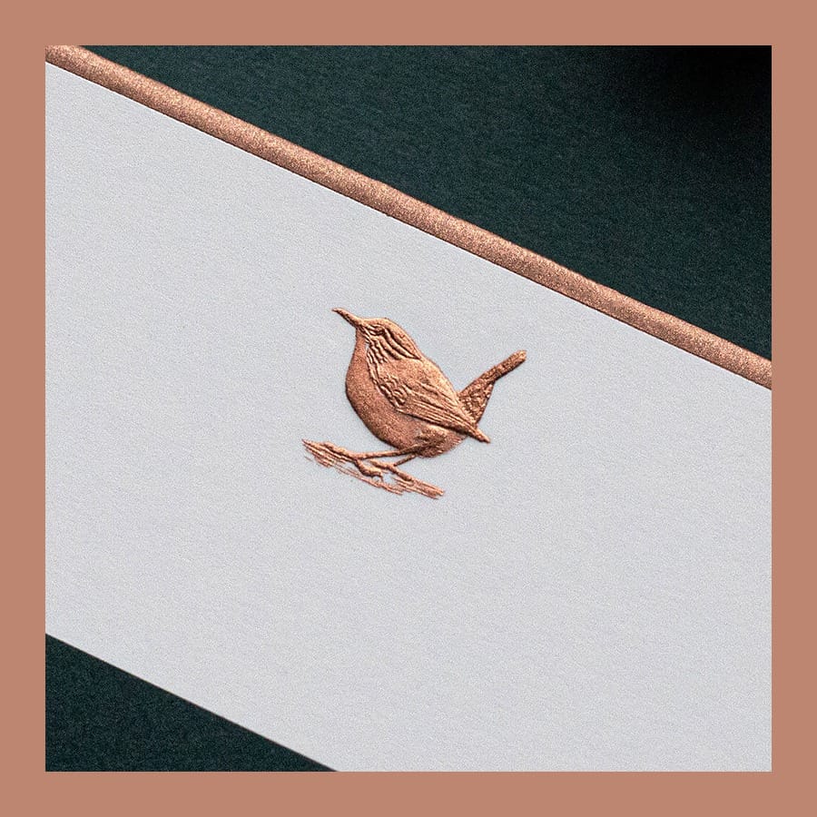 White Wren Press correspondence card with a bronze engraved wren