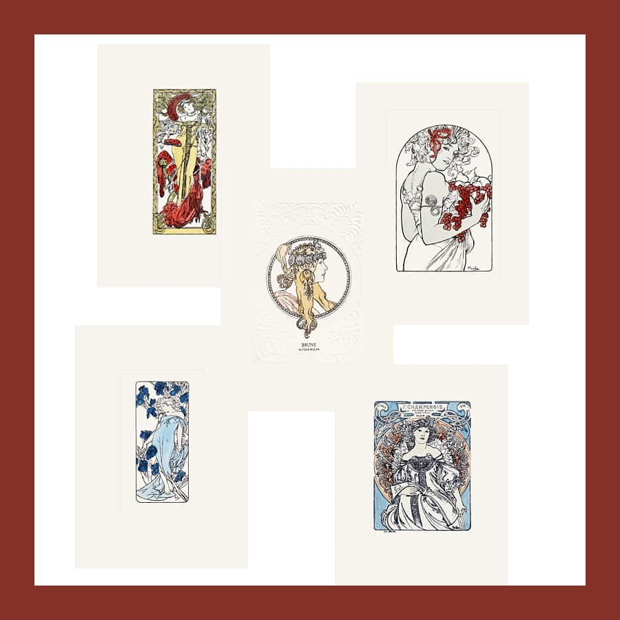 Five hand-coloured Alfons Mucha engraved cards from Bohemia Paper