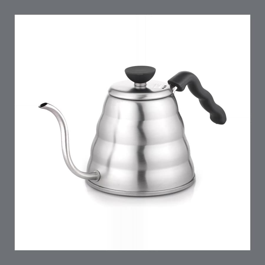 Hario V60 Buono gooseneck kettle in brushed stainless steel with a black handle and a long curved spout