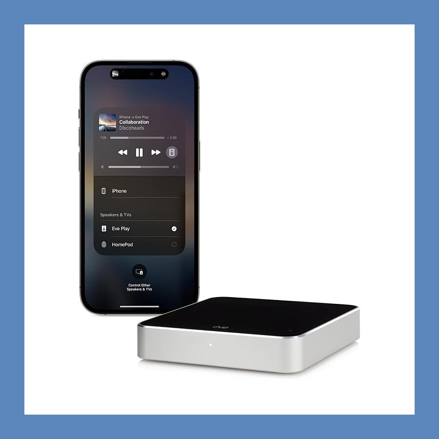 Eve Play AirPlay streamer box beside an iPhone showing Eve Play in the AirPlay speaker list