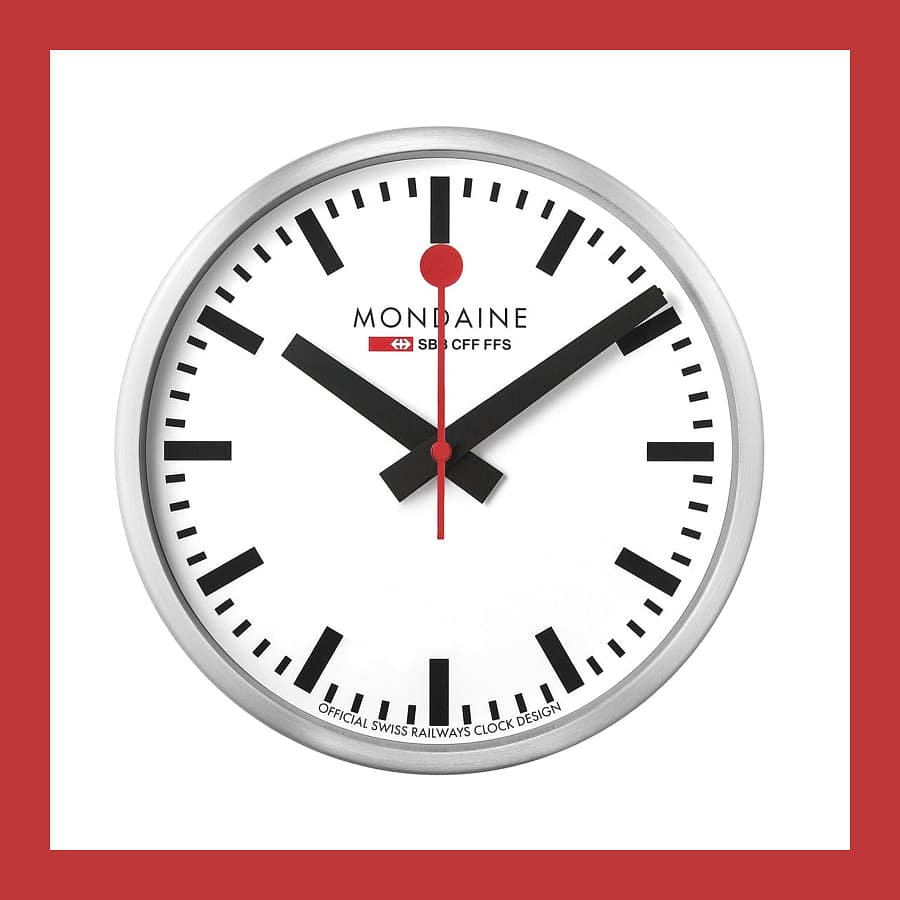 Mondaine stop2go Wi-Fi wall clock, the Swiss railway clock face with a red second hand in an aluminium case