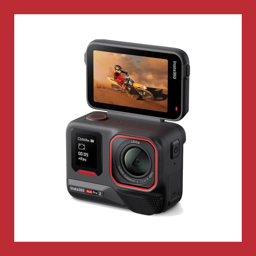 Insta360 Ace Pro 2 action camera with its flip-up screen raised