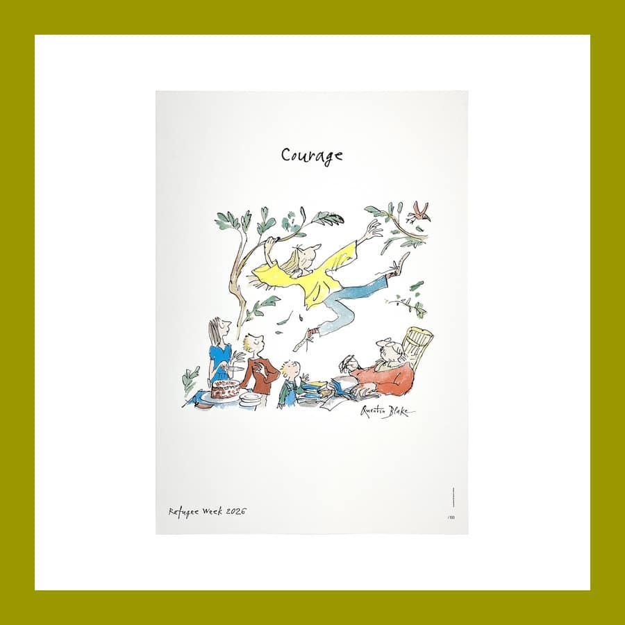 Quentin Blake Courage screenprint, ink and watercolour figures tumbling through a tree above a group having a picnic