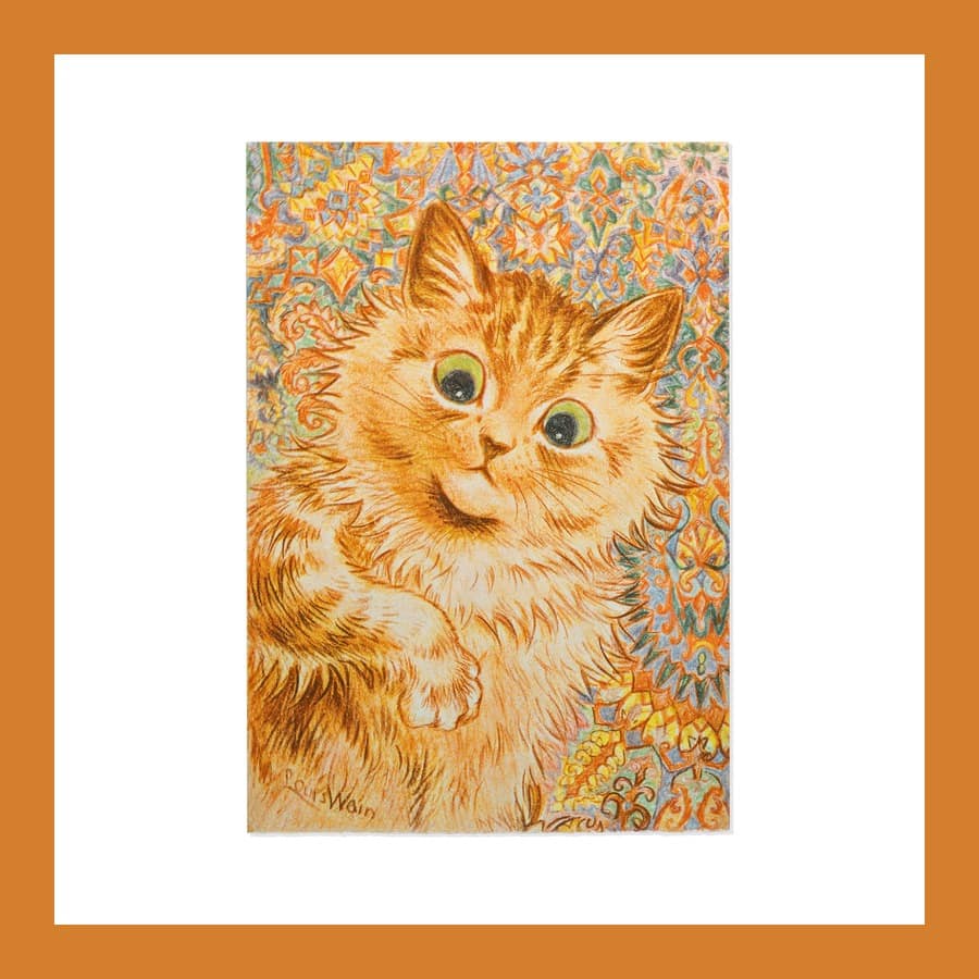 Louis Wain Ginger Cat risograph, a wide-eyed ginger cat against a busy patterned background