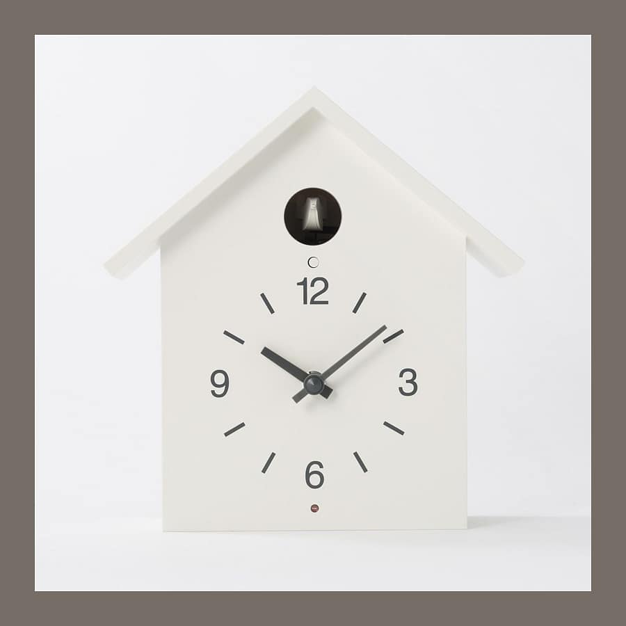 MUJI cuckoo clock, large, a plain white house shape with a round cuckoo door