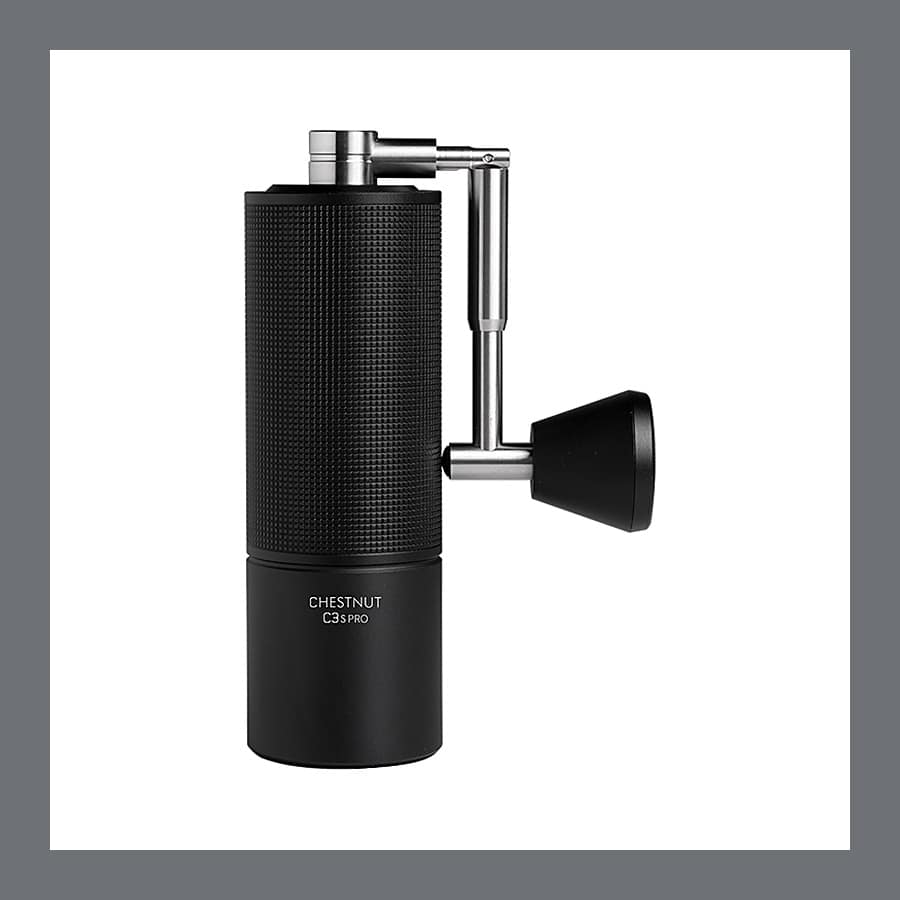 Timemore Chestnut C3S Pro hand coffee grinder in black with a folding stainless steel handle