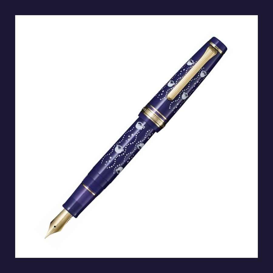 Blue Sailor Pro Gear Kamawanu fountain pen with a pufferfish pattern and gold trim
