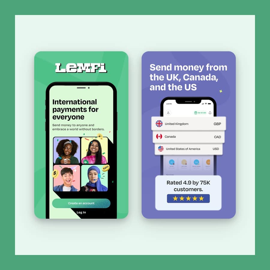 Two LemFi app screens on a green ground, one showing international payments and one money transfer
