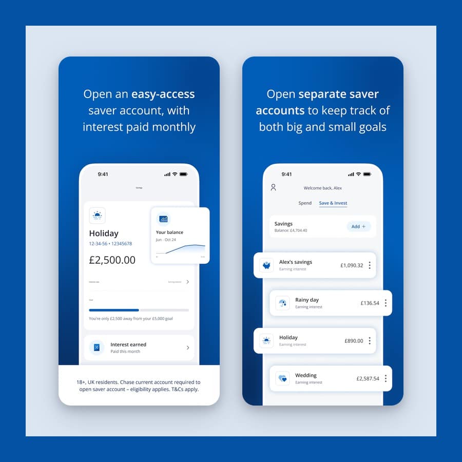 Two Chase app screens showing an easy access saver and separate saver accounts on a blue ground