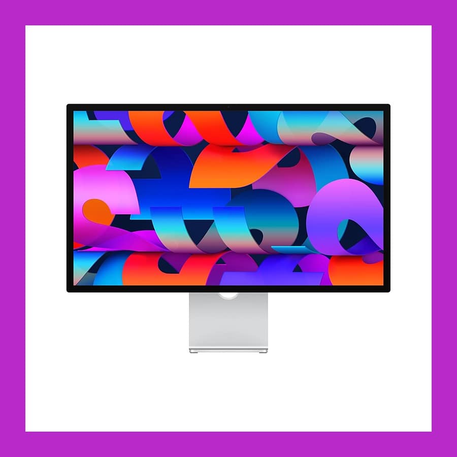 Apple Studio Display 27-inch with standard glass on its silver tilt-adjustable stand