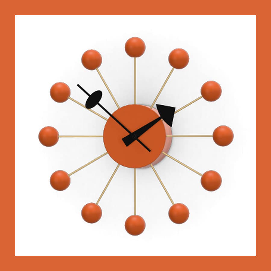 Vitra Ball Clock by George Nelson with orange balls on brass rods around an orange centre