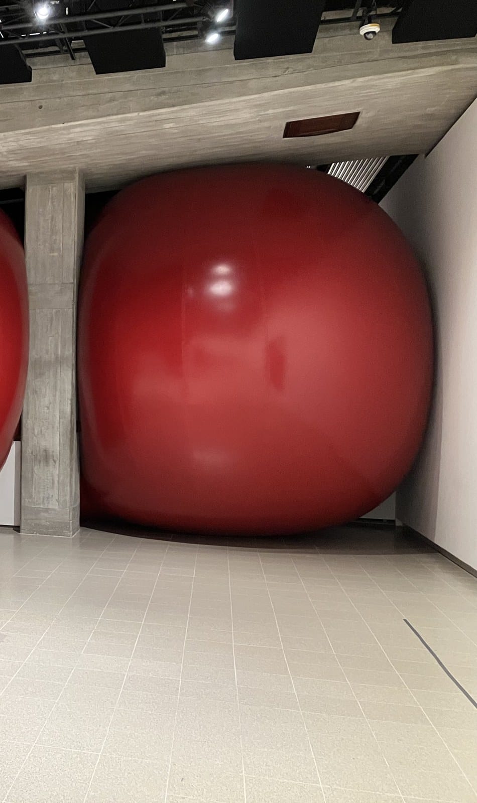 Red inflatable form by Anish Kapoor pressing against a concrete pillar and ceiling at the Hayward