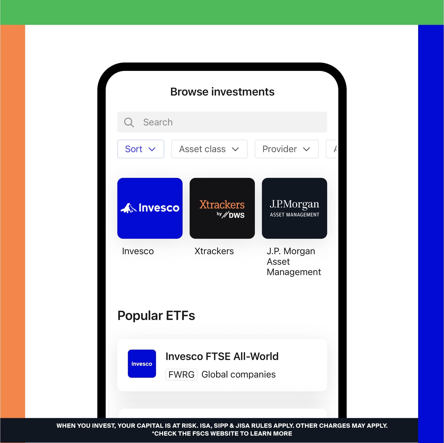 InvestEngine app Browse investments screen showing Invesco, Xtrackers and J.P. Morgan ETF providers