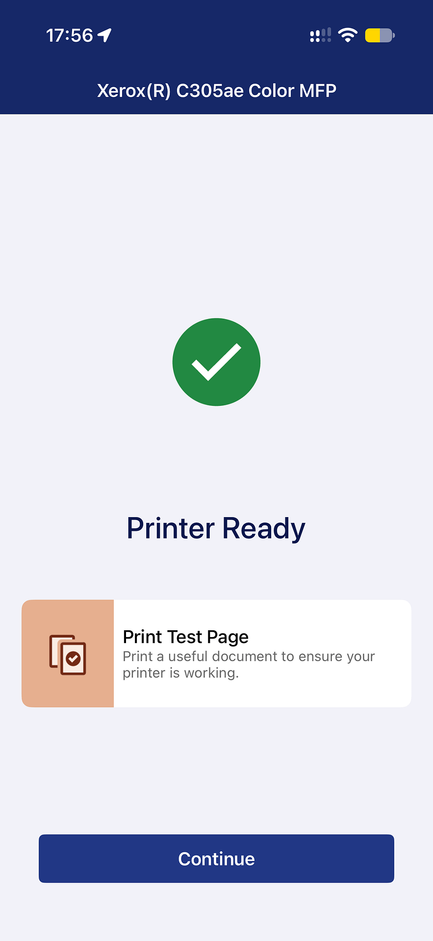 Xerox Easy Assist Printer Ready screen with a green tick and a Print Test Page option
