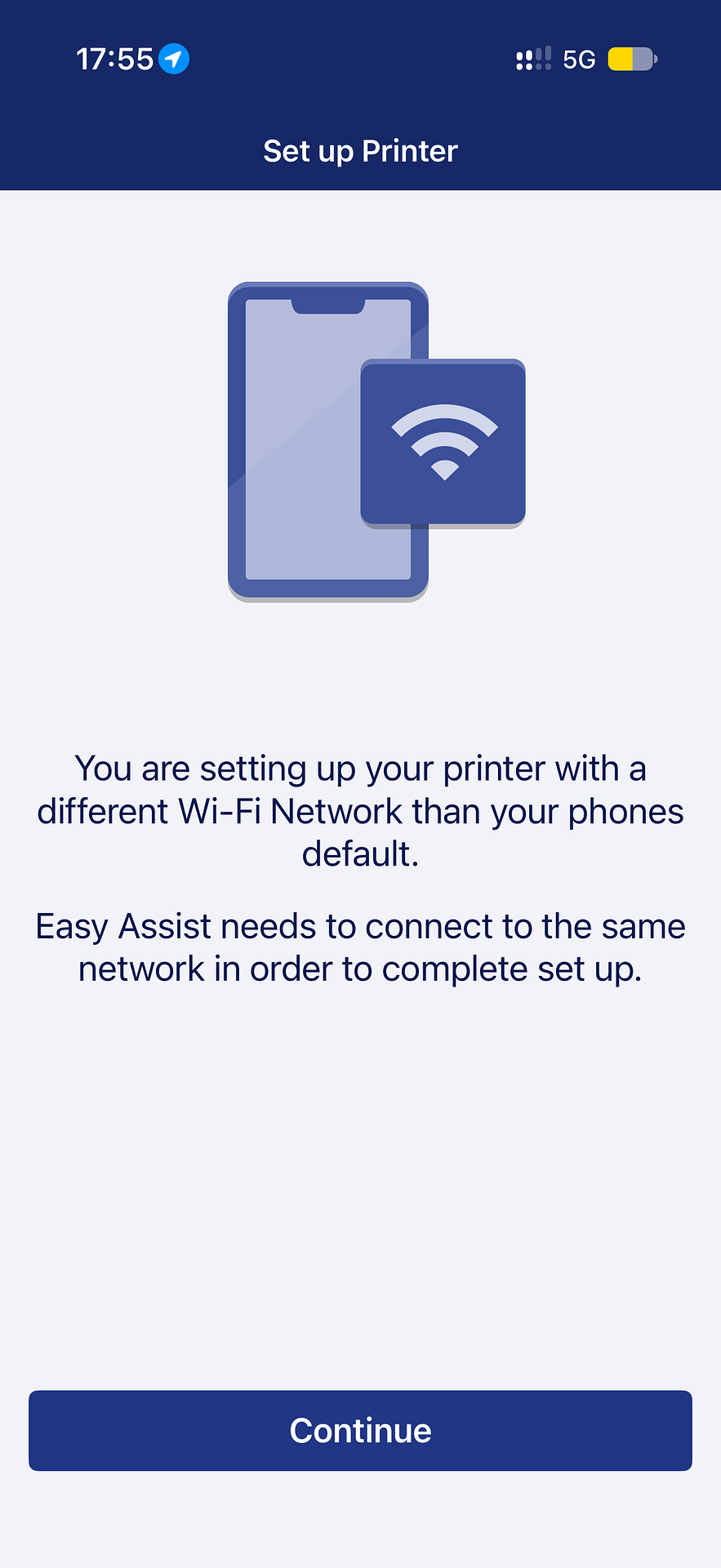 Xerox Easy Assist message saying it needs to connect to the same network to complete setup
