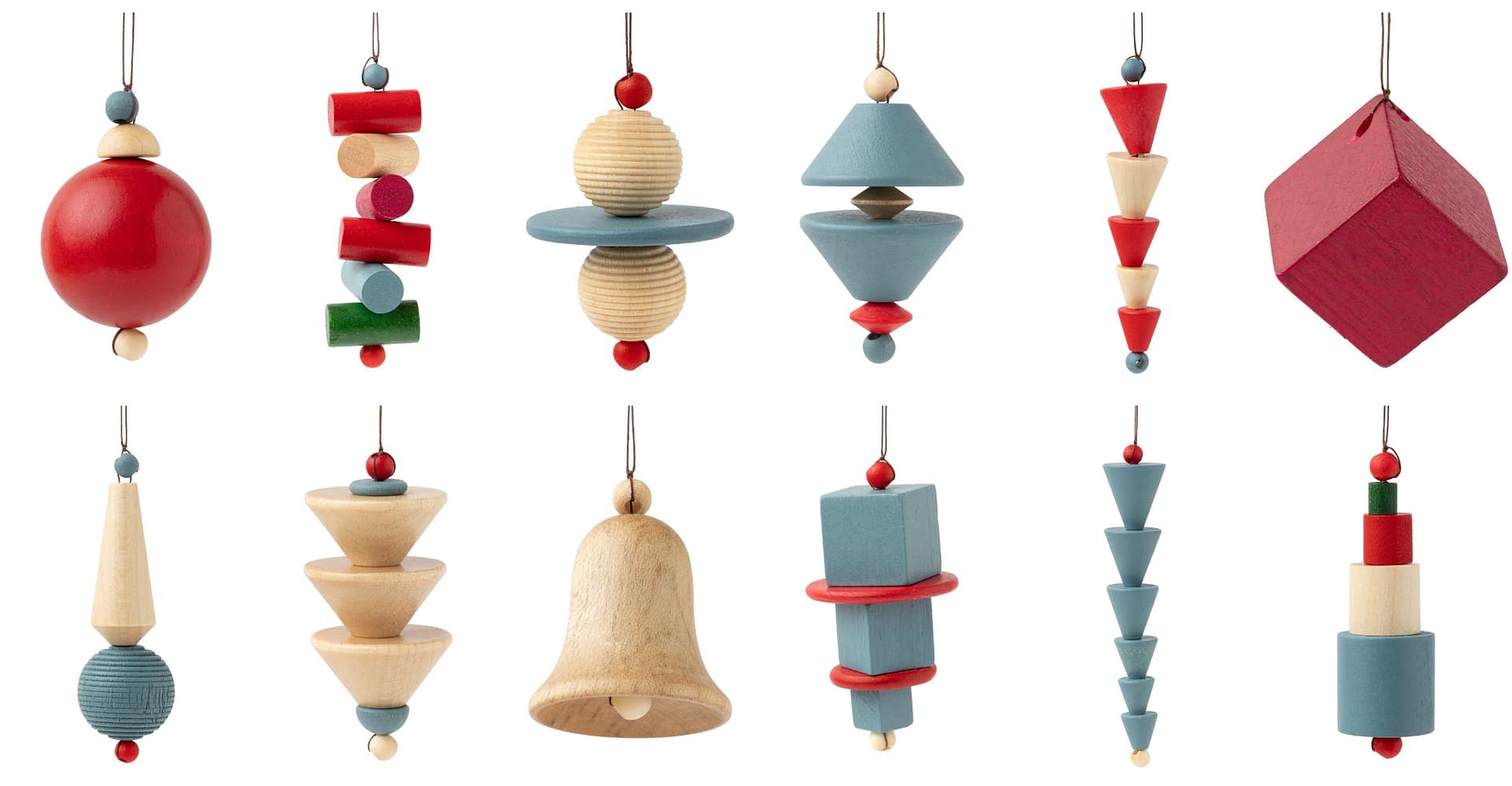 The twelve turned maple Bauhaus Christmas ornaments: balls, cones, cylinders, a cube and a bell in red, blue-grey and natural wood