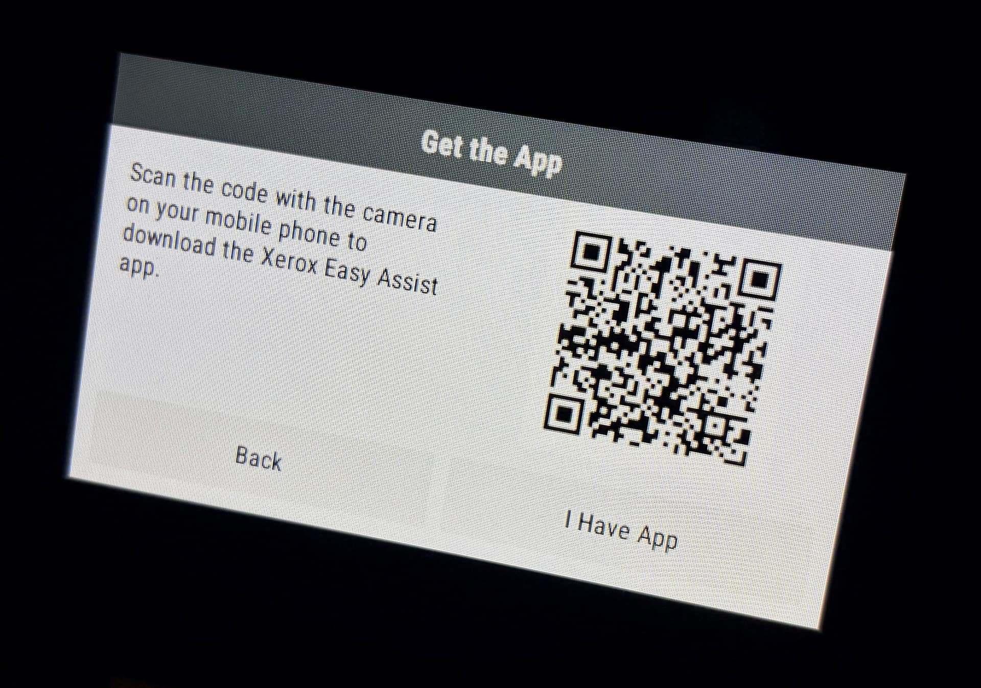 Xerox C305ae screen showing a QR code to download the Xerox Easy Assist app with Back and I Have App buttons