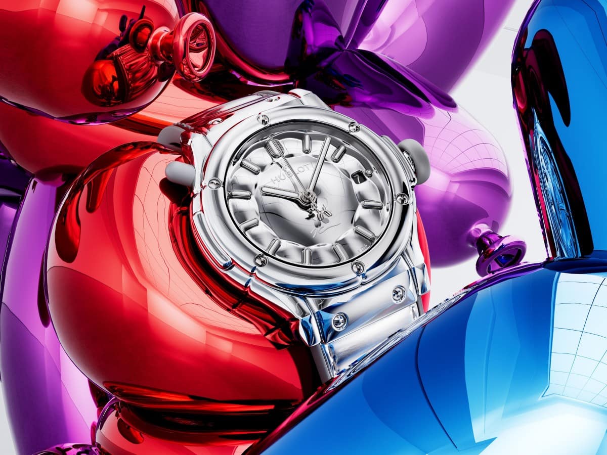 Steel Hublot Classic Fusion Balloon Dog watch among red, purple and blue mirrored balloon shapes