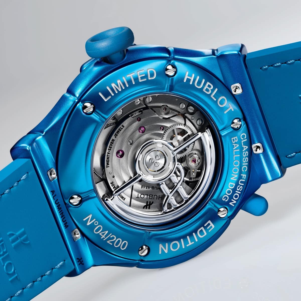 Caseback of the blue Hublot Balloon Dog watch showing the automatic movement and limited edition numbering
