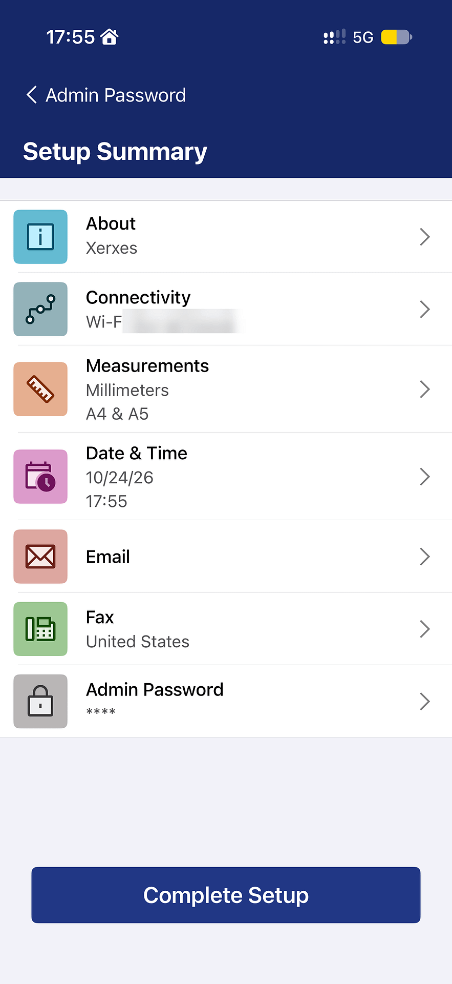 Xerox Easy Assist setup summary listing the printer name Xerxes, connectivity, measurements, date, email, fax and admin password