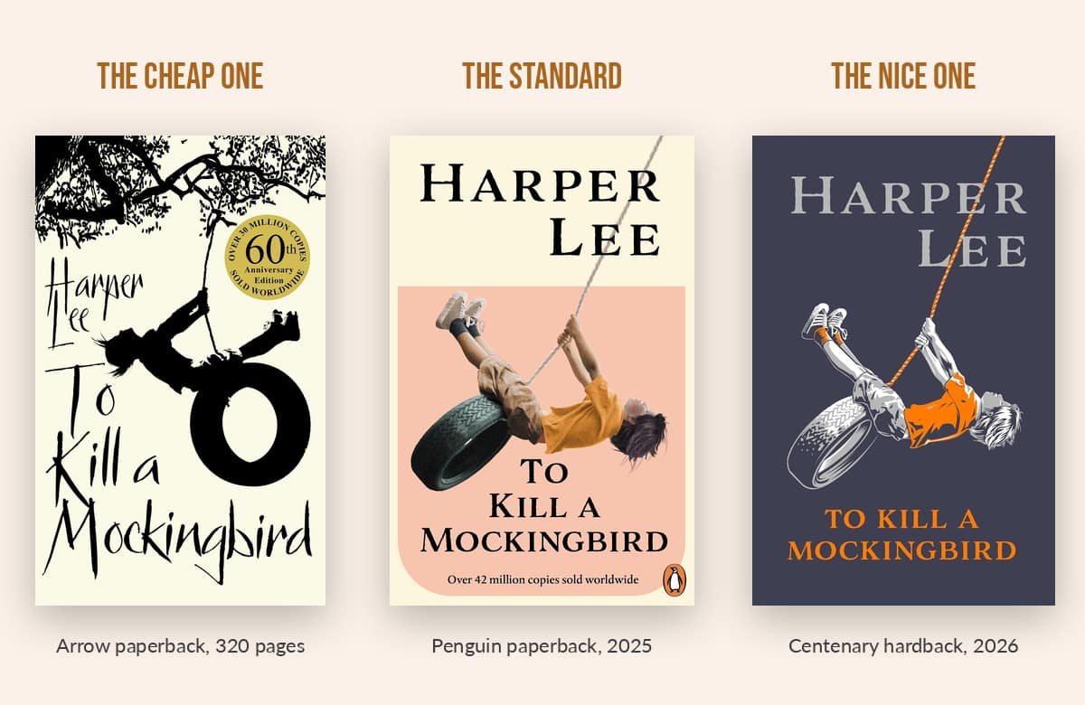 Three UK editions of To Kill a Mockingbird side by side: Arrow paperback, Penguin paperback and centenary hardback
