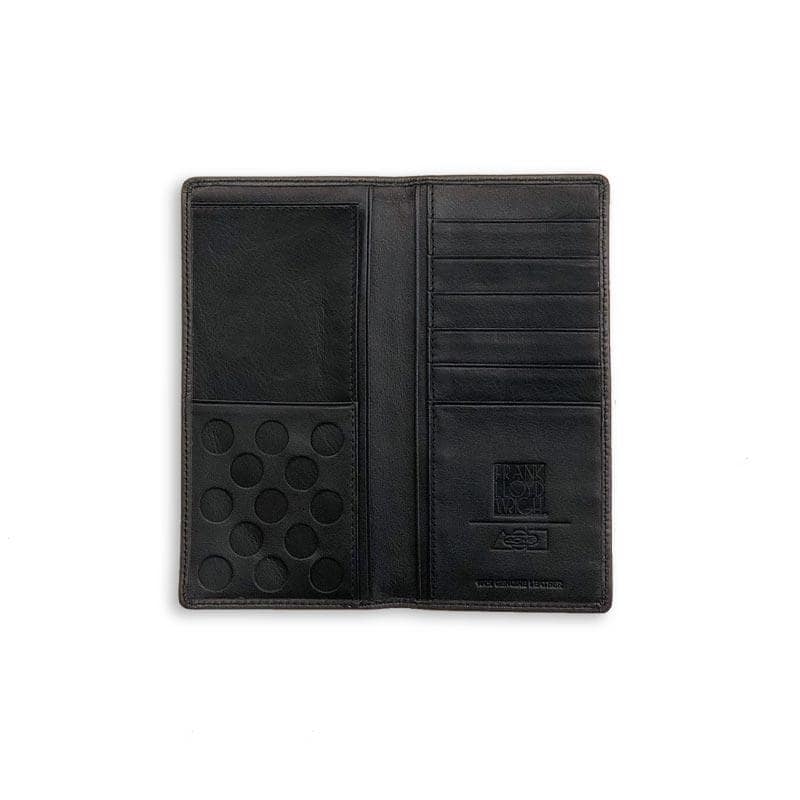 The Frank Lloyd Wright Playhouse wallet opened flat, showing black leather card slots and a note pocket