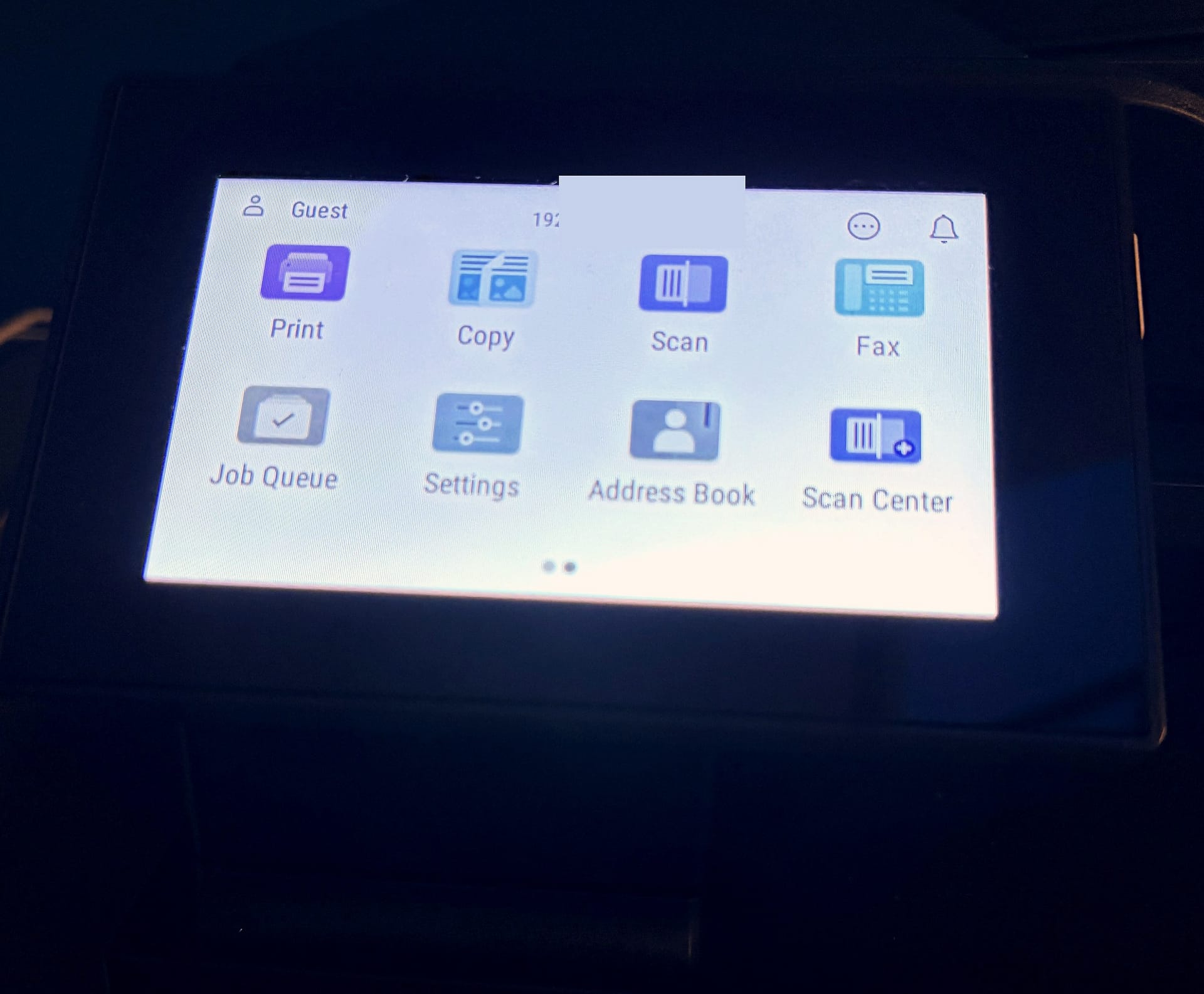 Xerox C305ae home screen with Print, Copy, Scan, Fax, Job Queue, Settings, Address Book and Scan Center icons