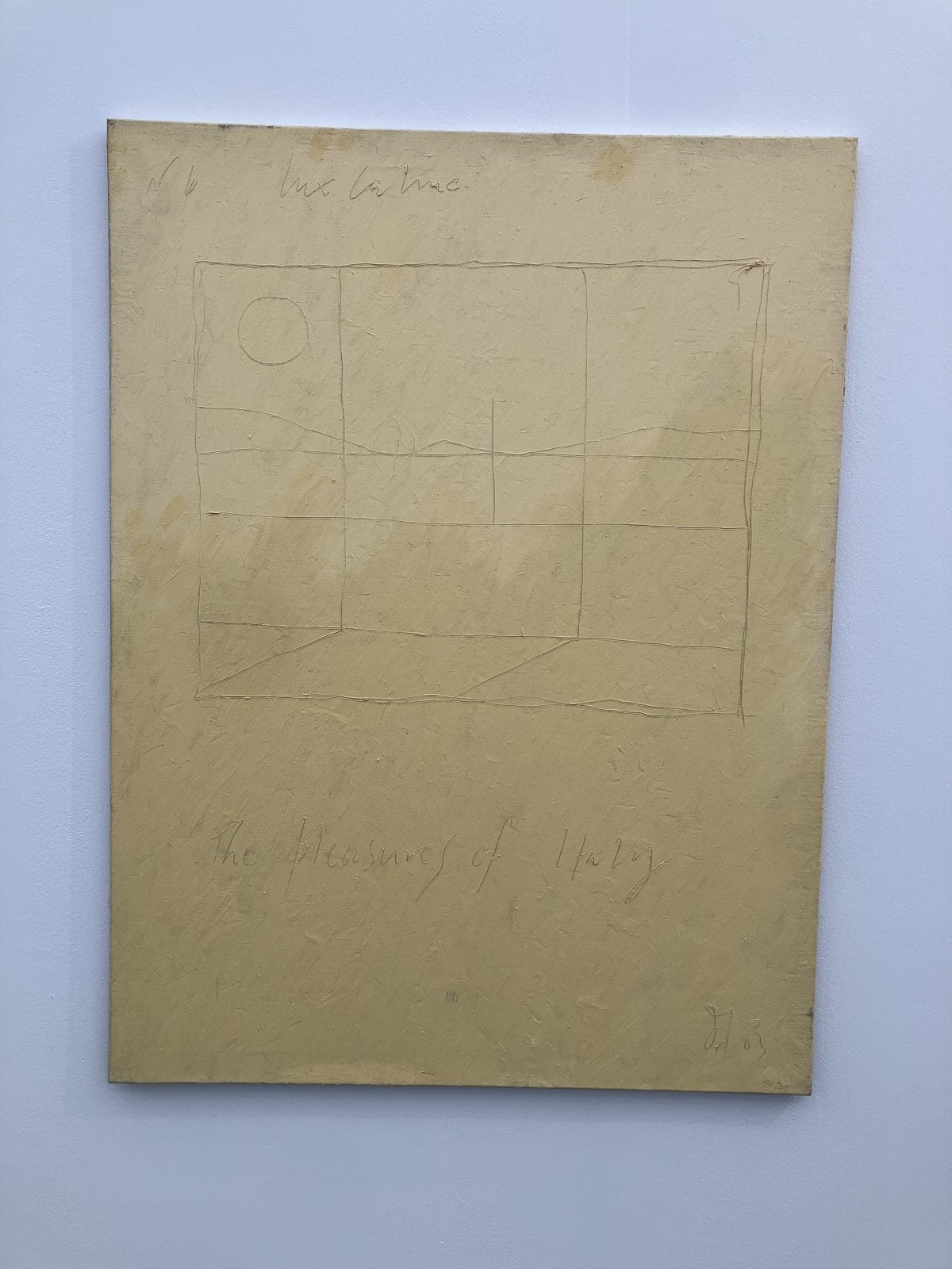 Derek Jarman The Pleasures of Italy, a pale canvas with a pencilled grid and scrawled title