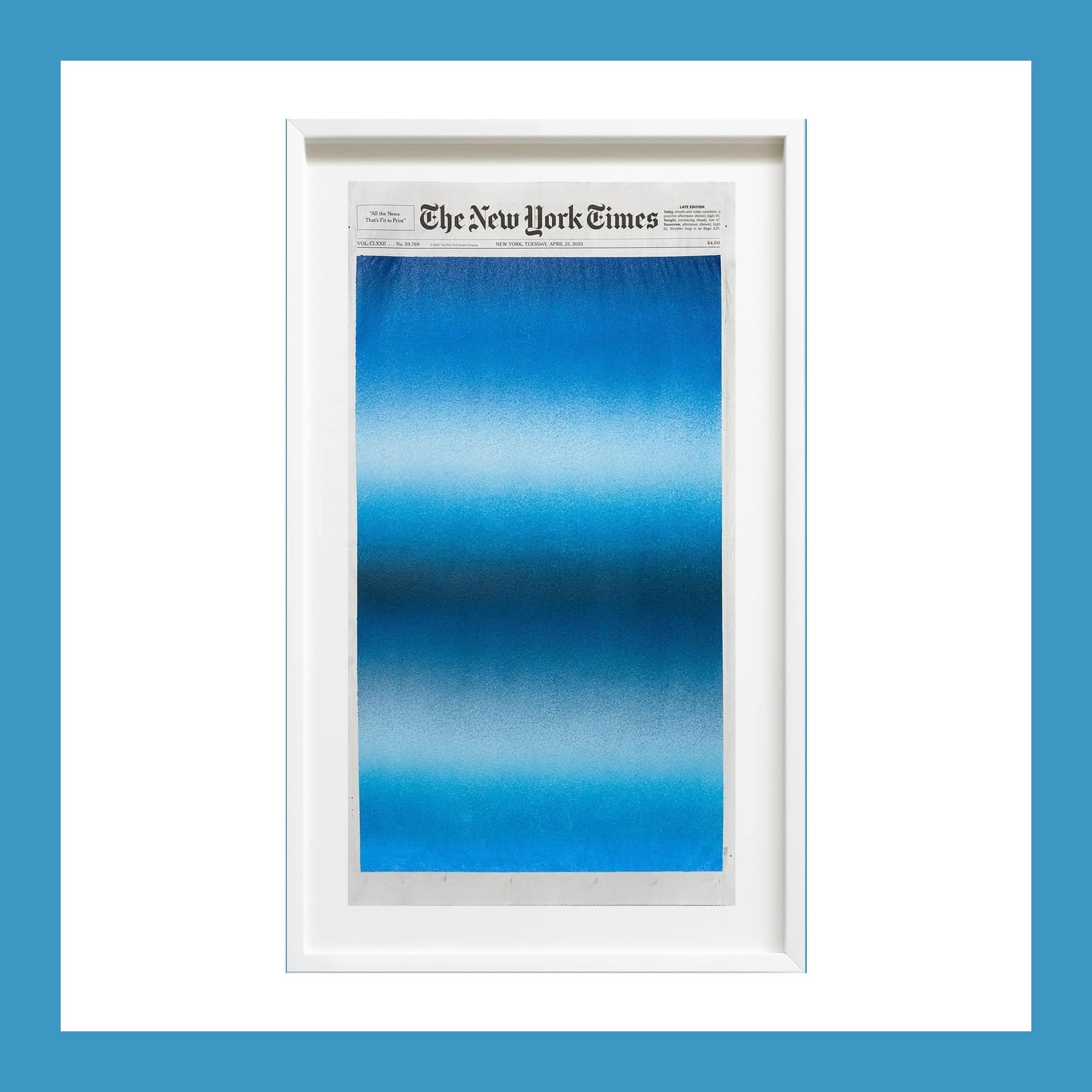 A New York Times front page painted over in soft horizontal bands of blue, in a white frame