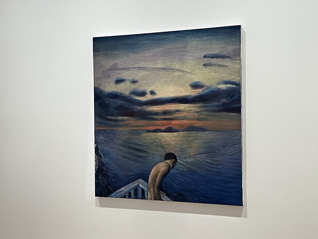 Louis Fratino painting of a figure leaning over a boat rail above a dark sea at sunset