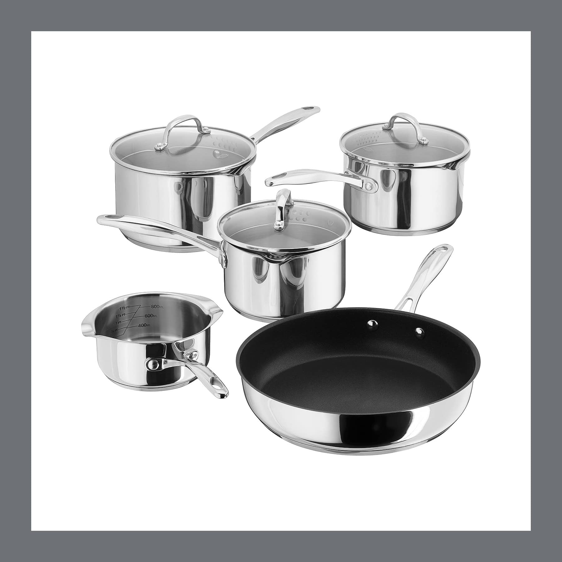 Stellar Profile 5-piece set: three draining saucepans with glass lids, a milk pan and a non-stick frying pan